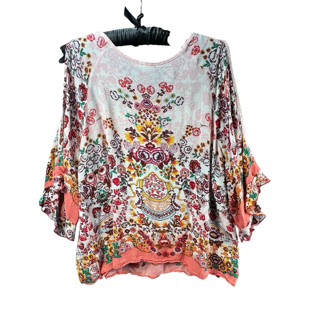 Democracy Womens L Boho Floral Cold Shoulder Lace Up Peasant Top Rayon - Picture 3 of 14